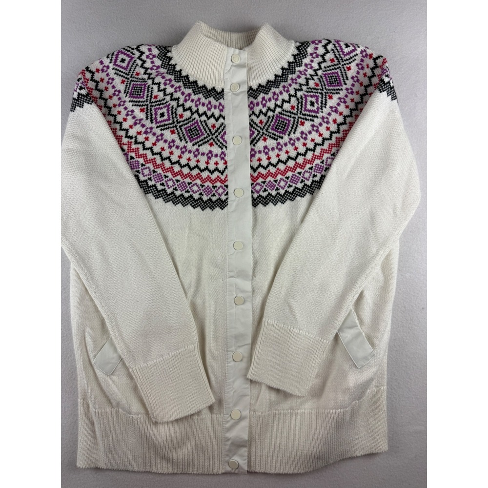 T by Talbots Women Ivory Fair Isle Snap Front Mock Neck Cardigan Sweater Medium